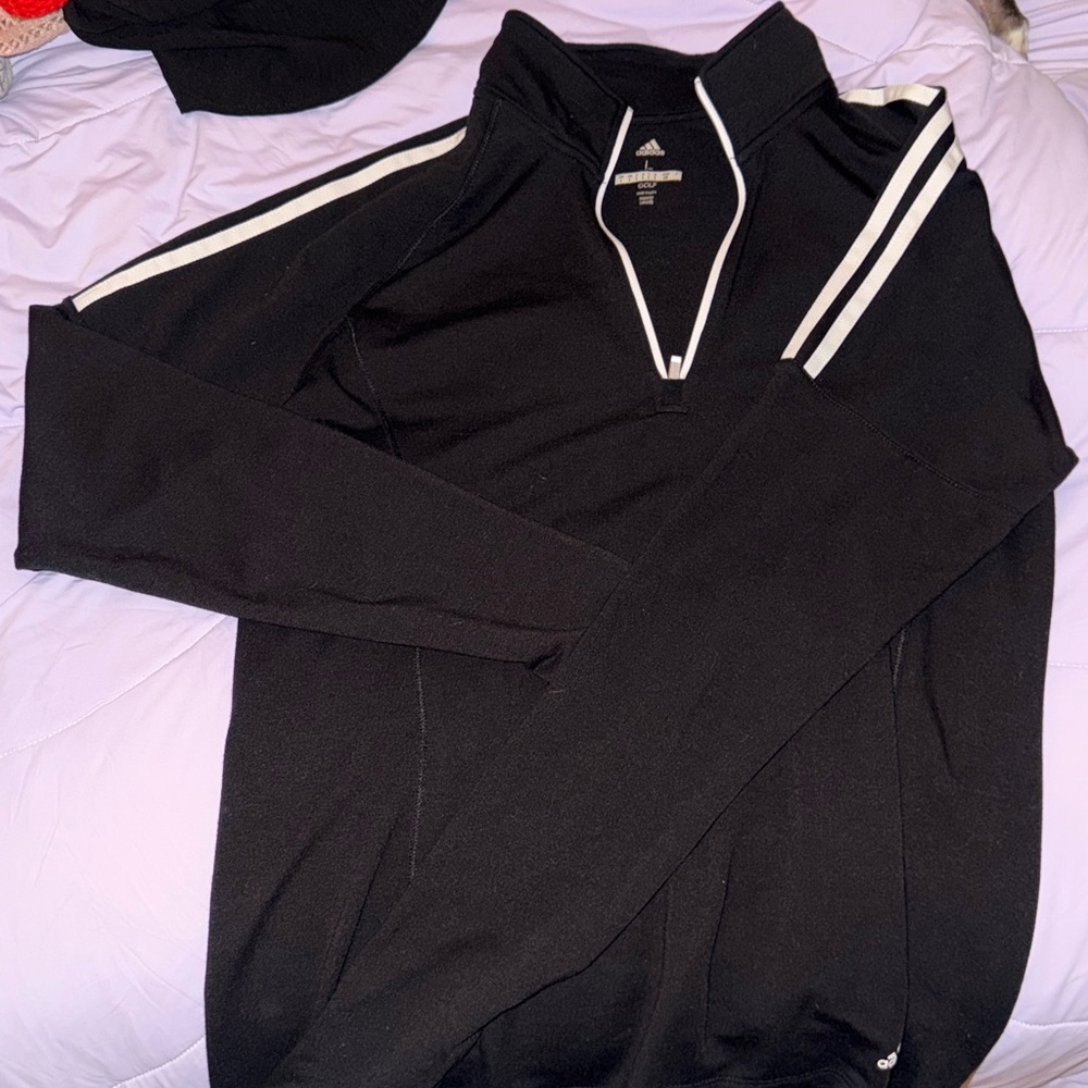 Adidas Women's Black Zip-Up Sweater with White Stripes